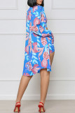Blue Sexy Print Patchwork Buckle Turndown Collar Long Sleeve Three Pieces