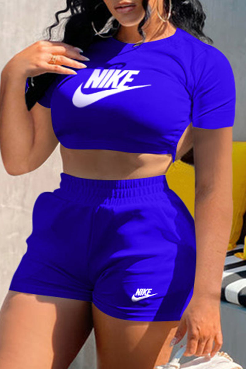

Blue Fashion Casual Print Backless O Neck Short Sleeve Two Pieces