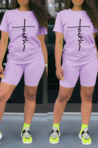 Purple Fashion Print Patchwork O Neck Short Sleeve Two Pieces