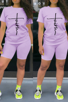 Фиолетовый Модный принт Пэчворк О-образный вырез С короткими рукавами Из двух частей