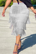 Grey Fashion Solid Tassel Straight Mid Waist Straight Solid Color Bottoms