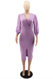 Purple Fashion Casual Solid Patchwork Slit V Neck Long Sleeve Dresses