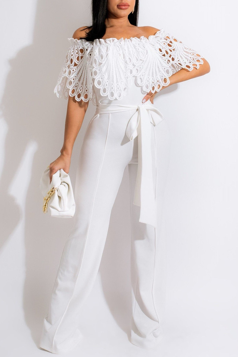 

White Fashion Casual Solid Split Joint Off the Shoulder Regular Jumpsuits