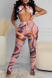 Pink Fashion Sexy Print Bandage Backless Halfter Sleeveless Two Pieces