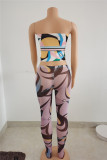 Paarse Mode Sexy Print Bandage Backless Halter Mouwloos Twee Stukken