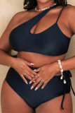 Black Sexy Solid Bandage Hollowed Out Backless One Shoulder Plus Size Swimwear (With Paddings)