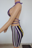 Purple Fashion Sexy Letter Striped Print Bandage Hollowed Out Spaghetti Strap Sleeveless Two Pieces