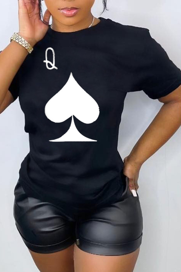 Camisetas con cuello en O de patchwork con estampado geométrico de moda negro
