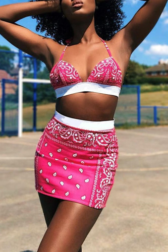 Pink Fashion Sexy Print Patchwork Backless Spaghetti Strap Sleeveless Two Pieces