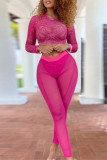 Rose Pink Fashion Sexy Print Durchsichtiger O-Ausschnitt Langarm Zweiteiler