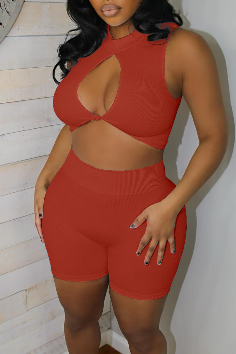 

Red Sexy Solid Hollowed Out Split Joint O Neck Sleeveless Two Pieces