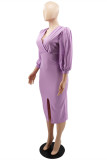 Фиолетовые модные повседневные однотонные лоскутные платья с V-образным вырезом и длинными рукавами