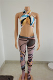 Purple Fashion Sexy Print Bandage Backless Halter Sleeveless Two Pieces