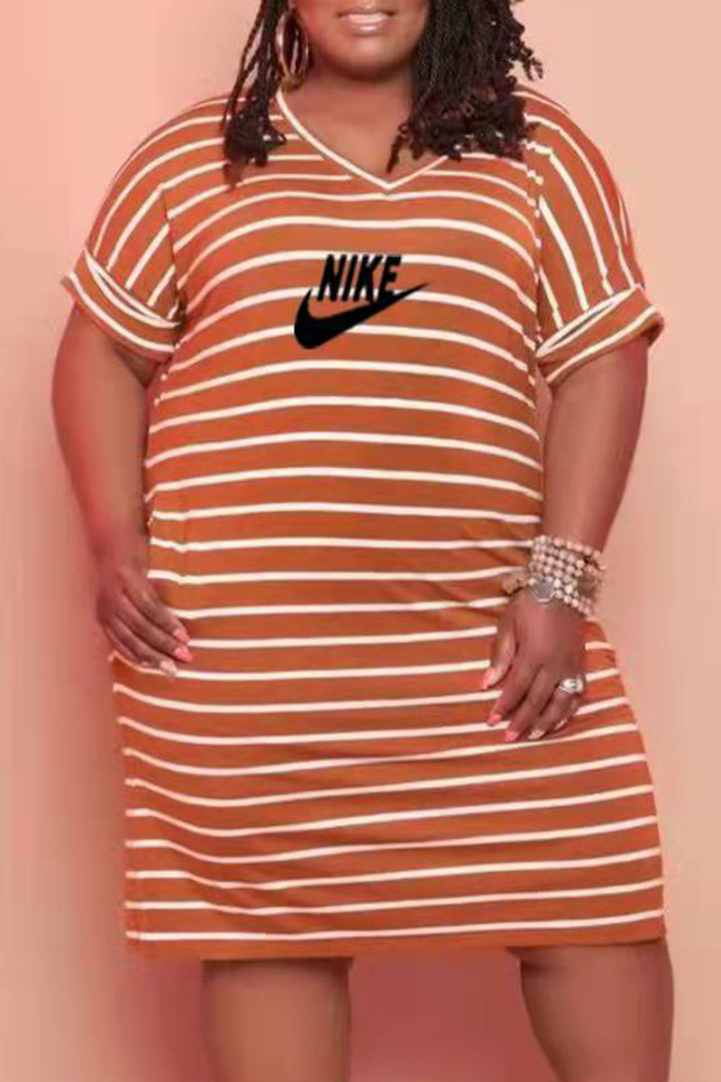 

Brown Fashion Casual Striped Letter V Neck One Step Skirt Plus Size Dresses