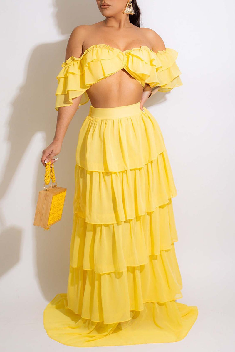 

Yellow Sexy Solid Split Joint Flounce Fold Off the Shoulder Two Pieces