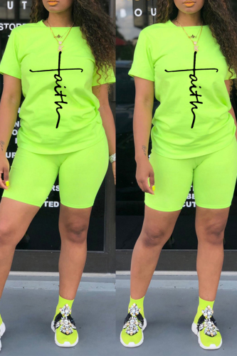Fluorescent Green Fashion Print Split Joint O Neck Short Sleeve Two Pieces