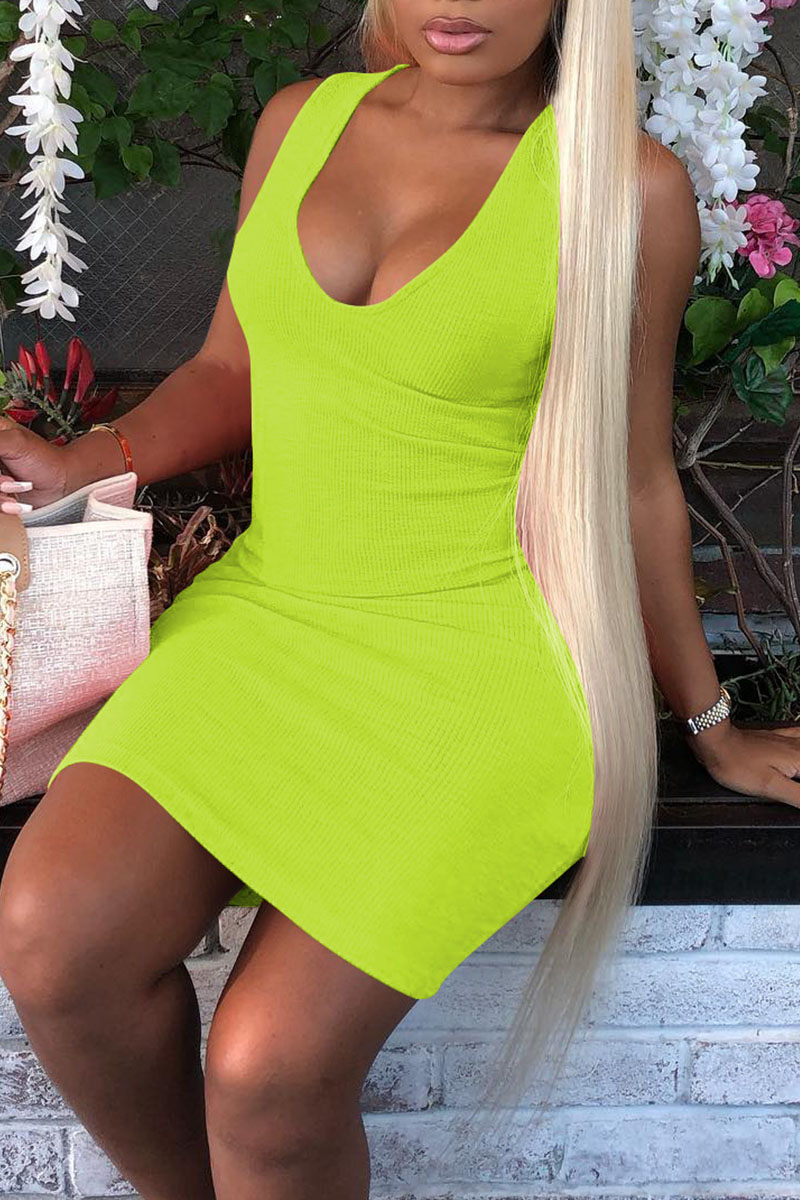 

Fluorescent Green Casual Solid Split Joint V Neck Pencil Skirt Dresses