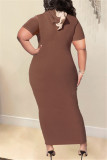 イエロー ファッション カジュアル ソリッド パッチワーク フード付き襟 半袖 ドレス プラス サイズ ドレス