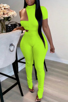 Fluorescent Green Sexy Solid Hollowed Out Patchwork O Neck Short Sleeve Two Pieces