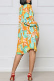 Yellow Sexy Print Patchwork Buckle Turndown Collar Long Sleeve Three Pieces