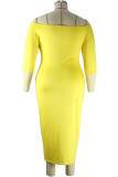 Желтая сексуальная повседневная лоскутная юбка с открытыми плечами и принтом на один шаг Платья больших размеров