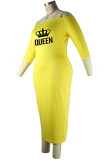 Желтая сексуальная повседневная лоскутная юбка с открытыми плечами и принтом на один шаг Платья больших размеров