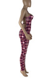 Red Sexy Plaid Print Patchwork Backless Halter Regular Jumpsuits