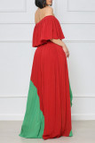 Rojo Verde Casual Patchwork liso Asimétrico Fuera del hombro Vestido largo Vestidos