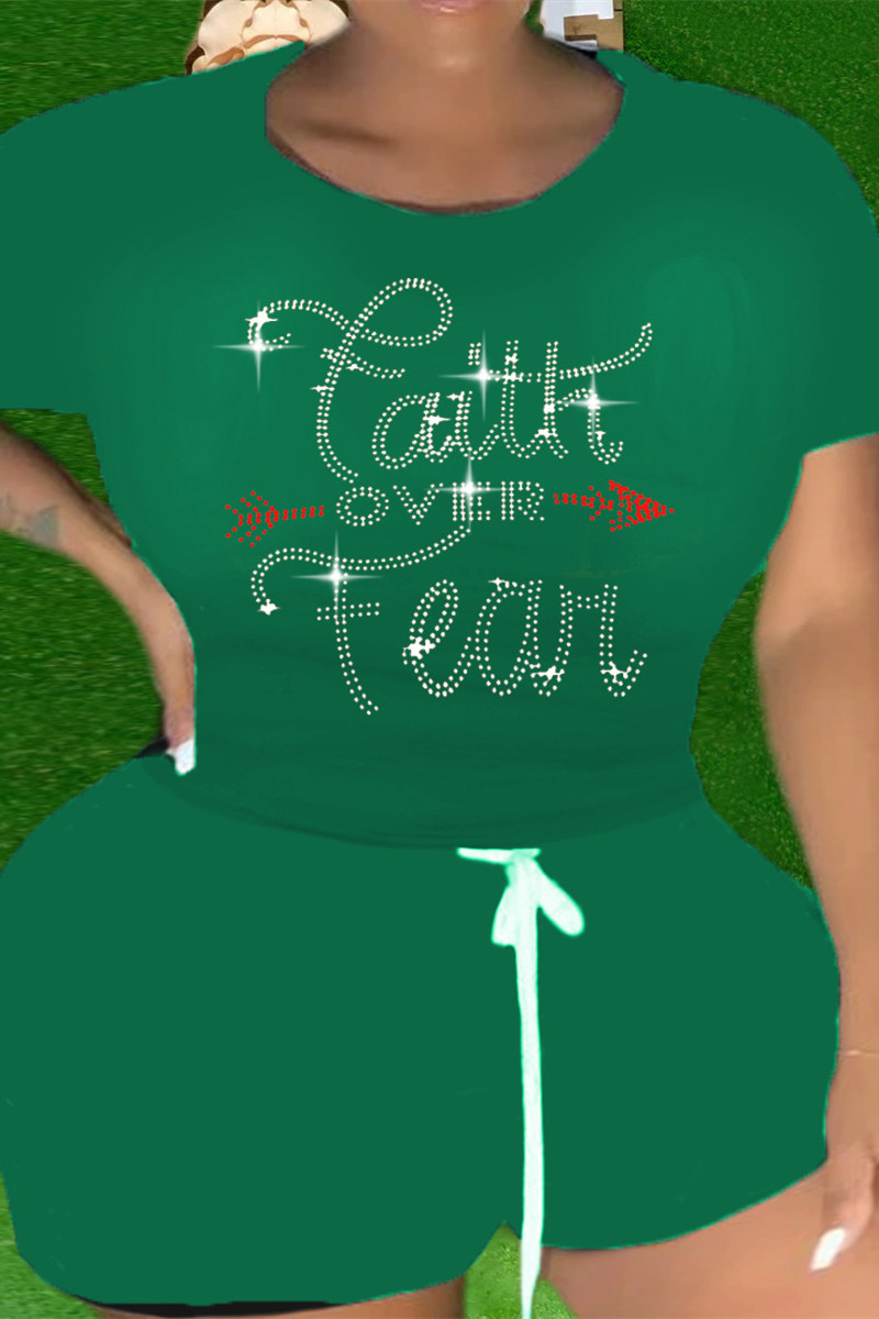 

Green Fashion Casual Letter Hot Drilling Basic O Neck Plus Size Two Pieces