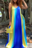 Синее модное сексуальное длинное платье с открытой спиной и бретельками с принтом