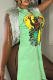 Коричневые сексуальные прямые платья с принтом и кисточками в стиле пэчворк с разрезом и V-образным вырезом