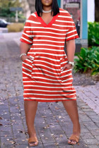 Rote Mode Lässig Gestreifter Druck Patchwork V-Ausschnitt Kurzarm Kleid Kleider