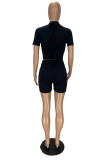 Black Fashion Sexy Solid Hollowed Out Turtleneck Short Sleeve Three-piece Set Crop Top And Short Sets