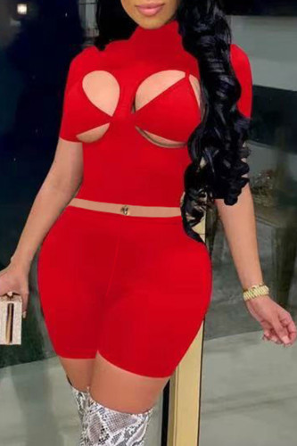 Red Fashion Sexy Solid Hollowed Out Turtleneck Short Sleeve Three-piece Set Crop Top And Short Sets