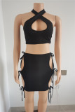 Black Fashion Sexy Solid Bandage Hollowed Out Halter Sleeveless Two Pieces