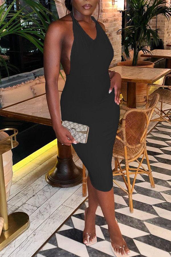 Negro sexy sólido patchwork sin espalda halter un paso falda vestidos