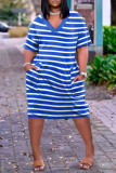 Синее модное повседневное платье в полоску с принтом в стиле пэчворк с V-образным вырезом и коротким рукавом Платья