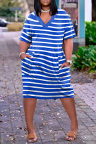 Blau Mode Lässig Gestreifter Druck Patchwork V-Ausschnitt Kurzarm Kleid Kleider