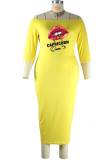 黄色のセクシーなカジュアルな唇プリントパッチワークオフショルダーワンステップスカートプラスサイズのドレス