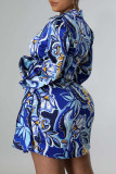 Blue Sexy Print Patchwork Asymmetrical V Neck One Step Skirt Dresses