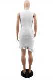 ホワイト ファッション カジュアル ソリッド フォールド ハーフ A タートルネック ノースリーブ ドレス ドレス