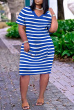 Синее модное повседневное платье в полоску с принтом в стиле пэчворк с V-образным вырезом и коротким рукавом Платья