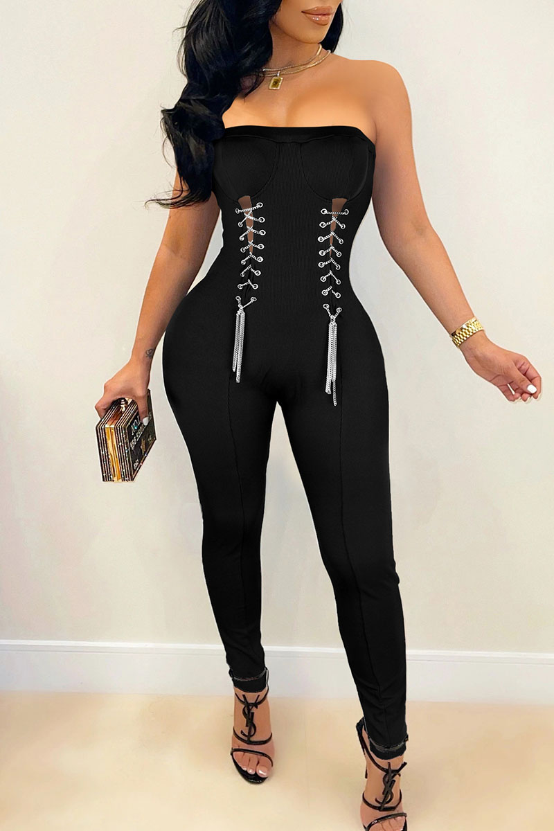 

Black Sexy Solid Split Joint Chains Strapless Regular Jumpsuits
