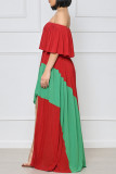 Rojo Verde Casual Patchwork liso Asimétrico Fuera del hombro Vestido largo Vestidos