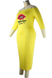 黄色のセクシーなカジュアルな唇プリントパッチワークオフショルダーワンステップスカートプラスサイズのドレス