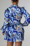 Vestidos de saia de uma etapa com estampa sexy azul patchwork assimétrico com decote em V