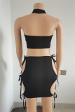 Black Fashion Sexy Solid Bandage Hollowed Out Halter Sleeveless Two Pieces
