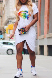 ホワイトファッションカジュアルリッププリントパッチワークOネック半袖ドレスドレス