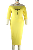 Желтая сексуальная повседневная лоскутная юбка с буквенным принтом и открытыми плечами, одношаговая юбка, платья больших размеров