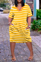 Gelb Mode Lässig Gestreifter Druck Patchwork V-Ausschnitt Kurzarm Kleid Kleider